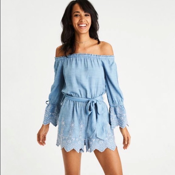 American Eagle Outfitters Pants - American Eagle Off the Shoulder Chambray Romper
